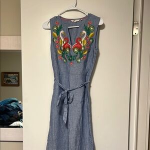 Boden Embroidered Blue Sleeveless Dress, size 2 US, 6R UK